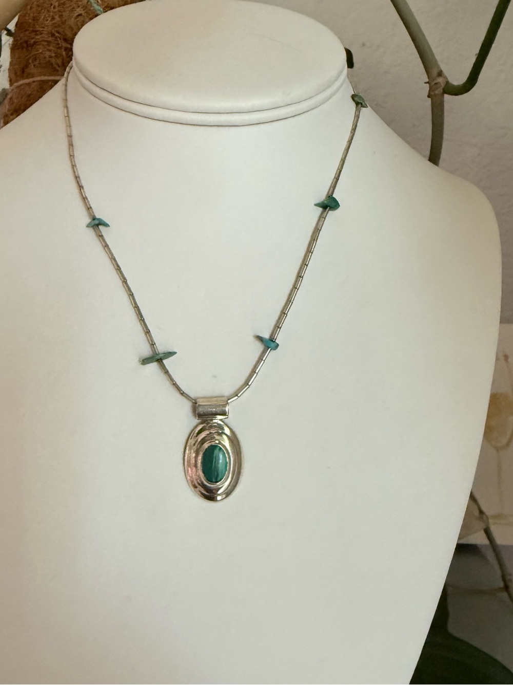 Mexico 925 Sterling Silver Malachite Stone Pendant Necklace
